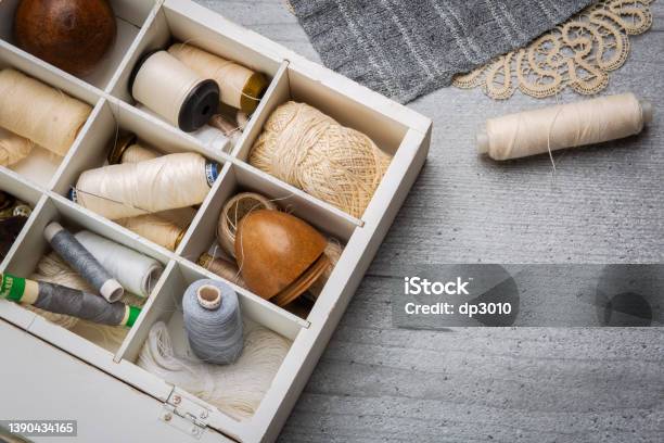 Sewing Supplies On A Wood Table Stock Photo - Download Image Now - Box - Container, Crate, Sewing Kit