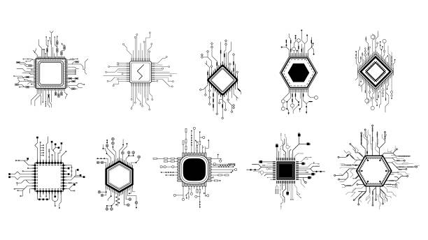 set abstract collection black simple line cpu, computer, technology doodle outline element vector design style sketch isolated on white background illustration - microelectronic stock illustrations