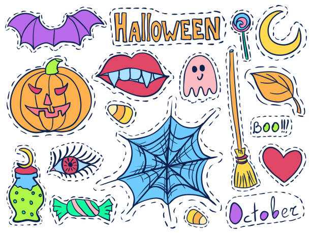 ilustraciones, imágenes clip art, dibujos animados e iconos de stock de conjunto de insignias de parches de halloween. vector de garabatos navideños. pegatinas de halloween. dibuja alfileres con calabazas, dulces navideños, herramientas de brujas y símbolos de halloween. hashtag y emoticonos en redes sociales. - spider web halloween corn pumpkin