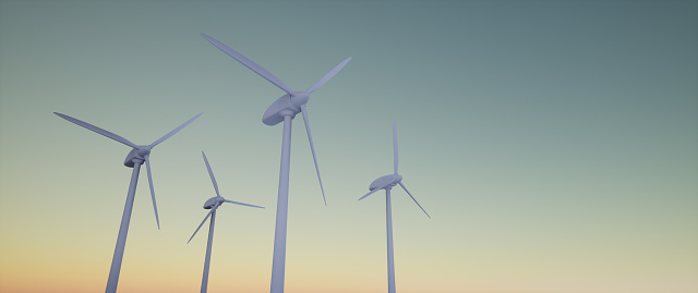 Computer generated 3D illustration with wind turbines