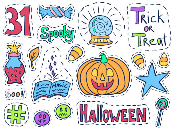 ilustraciones, imágenes clip art, dibujos animados e iconos de stock de conjunto de insignias de parches de halloween. conjunto de garabatos navideños. pegatinas de halloween. sketch pins vector con calabazas, caramelos navideños, herramientas de brujas y símbolos de halloween. hashtag y emoticonos en redes sociales. - spider web halloween corn pumpkin