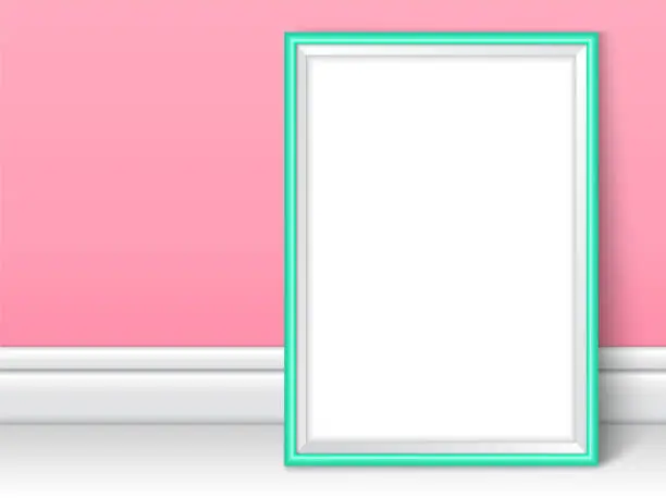 Vector illustration of Photoframe template near pink wall. Realistic mockup vector. Turquoise framing great for drawing, painting or photo. White picture template for children room or school theme design.