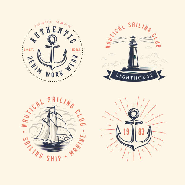 Set of vintage nautical labels and icons. Set of vintage nautical labels and icons. Color vector illustration. vintage steering wheel stock illustrations