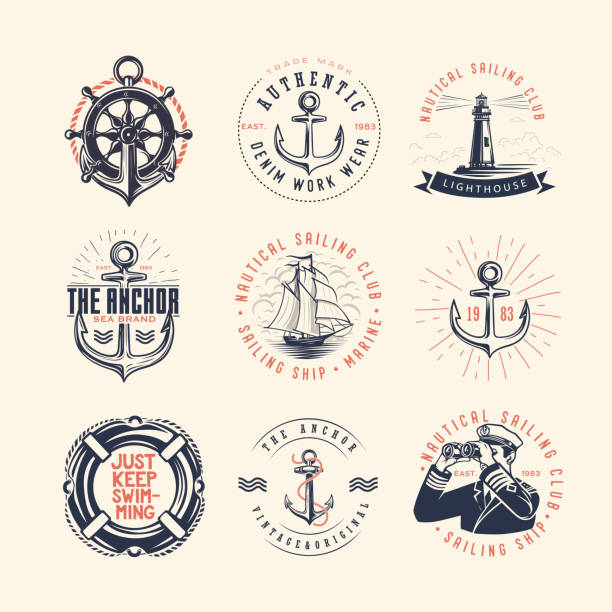 ilustraciones, imágenes clip art, dibujos animados e iconos de stock de conjunto de etiquetas e iconos náuticos vintage. - sailor