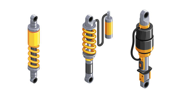 Shock absorber Shock absorber for the car. Racing shock absorber in isometrics. 3d icon of a shock absorber. Set of shock absorber cliparts on white background. Shock absorbers of different modifications. Vector shock absorber stock illustrations