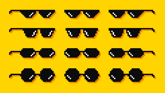 Pixel glasses. Meme. Bandit hit points. 8-bit. Video game style Vector