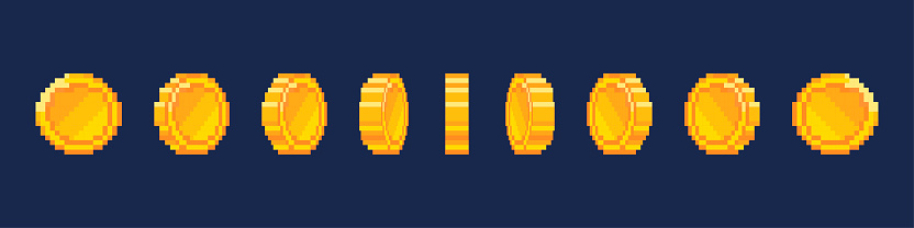 Pixel coin animation. Animation footage of a gold coin. 8-bit Retro video game style. Vector