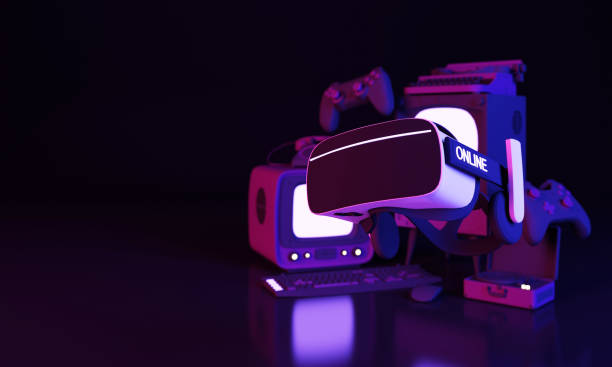 istock Virtual reality headset and controllers for gaming. VR helmet. Metaverse technology concept. with joystick keyboard and mouse pc and vintage television on dark purple background. realistic 3d render 1390440342