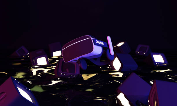 istock Virtual reality headset and controllers for gaming. VR helmet. Metaverse technology concept. with Many  vintage television left floating in the water. on dark purple background. realistic 3d render 1390440361