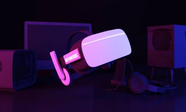 istock Virtual reality headset and controllers for gaming. VR helmet. Metaverse technology concept. with vintage television on dark purple background. realistic 3d render 1390440383