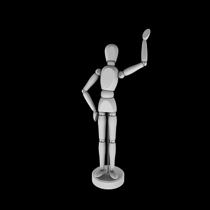 Artist manikin - waving lay figure - three-dimensional mannequin Isolated illustration over black background.