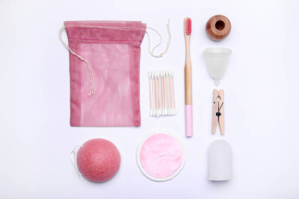istock Set of ecological reusable items for hygiene on white background. Top view with space for text. Zero waste and eco friendly concept 1390443451