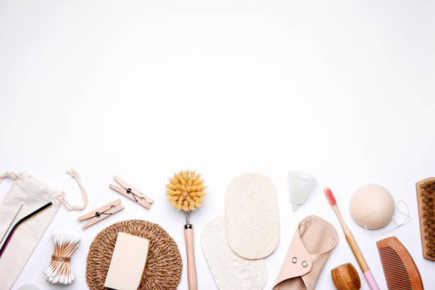 istock Set of ecological reusable items on white background. Top view with space for text. Zero waste and eco friendly concept 1390443526