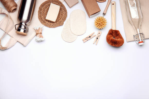 istock Set of ecological reusable items on white background. Top view with space for text. Zero waste and eco friendly concept 1390443543