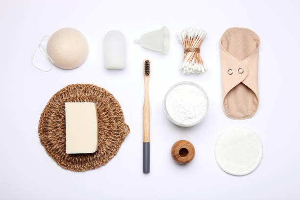 istock Set of ecological reusable items for hygiene on white background. Top view. Zero waste and eco friendly concept 1390443548