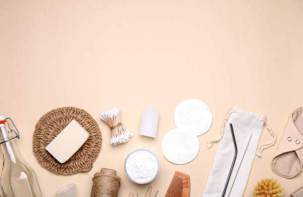 istock Set of ecological reusable items on color background. Top view with space for text. Zero waste and eco friendly concept 1390443762