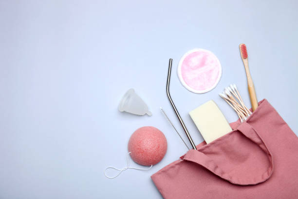 istock Set of ecological reusable items for hygiene on grey background. Top view with space for text. Zero waste and eco friendly concept 1390443838
