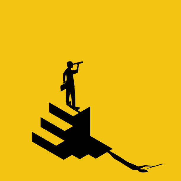 Businessman looking on telescope. Vector illustration flat minimal design. Businessman looking on telescope. Vector illustration flat minimal design. Isolated on yellow background.. Business challenge search way to success goal. Visionary concept. Black silhouette leadership. binoculars silhouettes stock illustrations