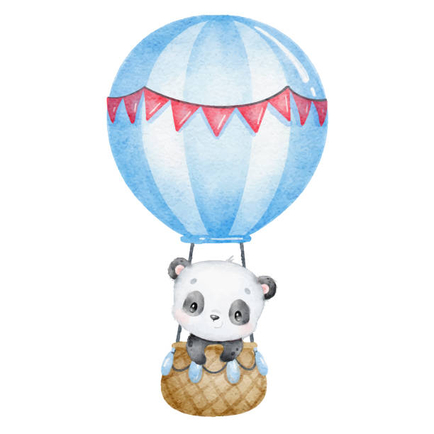 akwarelowa ilustracja kreskówkowego balonu na ogrzane powietrze pandy. śliczny - china balloon stock illustrations