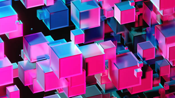 istock Abstract background 3D, many cubes with neon purple blue glow on black 1390445678