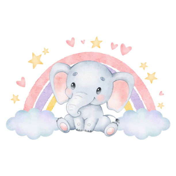 ilustrações de stock, clip art, desenhos animados e ícones de watercolor illustration of a cute cartoon elephant with rainbow. - animal cartoon zoo safari