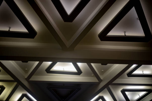 istock Light triangle. Lamp on ceiling. Light design. Architecture of 20th century. 1390447242