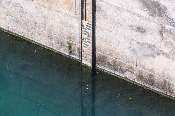 Water level scale against the background of a river and a European city, Measuring pole to measure the amount of water in dams, reservoirs, rivers and canals