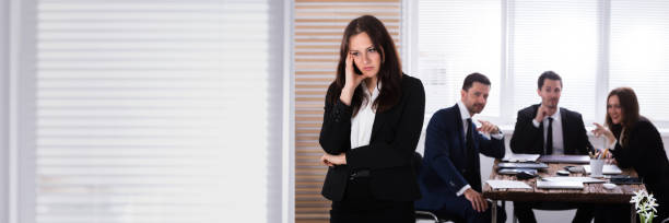 portrait of a sad businesswoman - speech recruitment technology young adult imagens e fotografias de stock