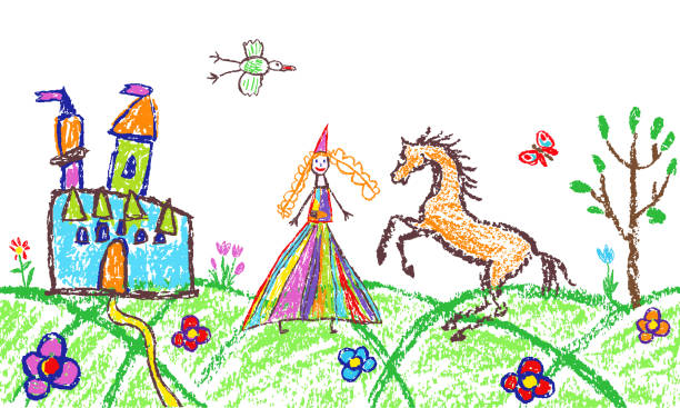 Princess or queen, castle, horse. Crayon like kids hand drawn fairy kingdom outdoor background. Fantasy fairy doodle simple vector. Colorful vector crayon, pastel chalk or pencil cartoon scribble art crayon drawing stock illustrations