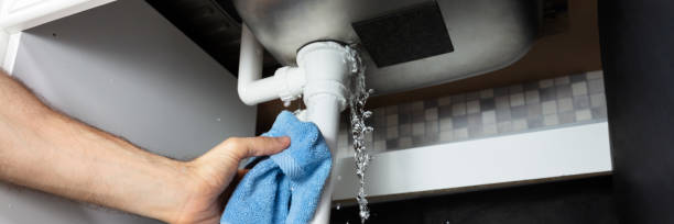 male hand's holding blue napkin under leakage pipe - perda imagens e fotografias de stock