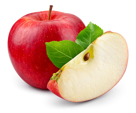 Red apple with a slice isolated. Whole and cut apple with green leaf on white background. Red appl with clipping path. Full depth of field.