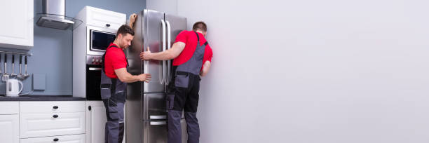 istock Two Young Male Movers Placing Steel Refrigerator In Kitchen 1390452602