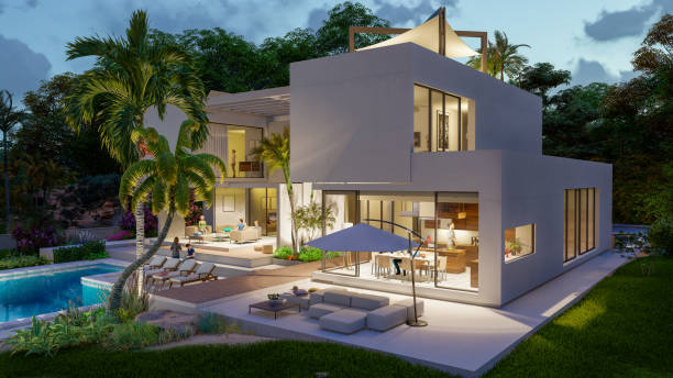 istock Eco luxury modern villa with pool at dusk 1390453605
