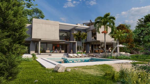 istock Luxurious brutalist home with pool and tropical garden 1390453711