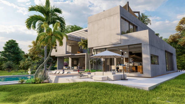 istock Luxurious brutalist home with pool and tropical garden 1390453774