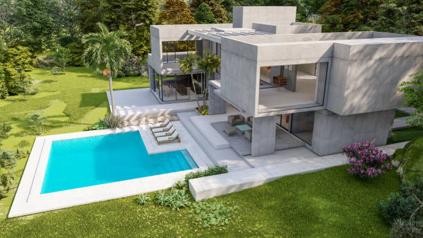 istock Luxurious brutalist home with pool and tropical garden 1390453797