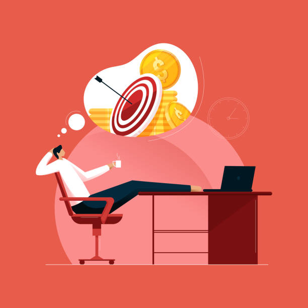 Business Person Relaxing on chair at work place and Making Future Goal Setting, Making Strategy for new target Business Person Relaxing on chair at work place and Making Future Goal Setting, Making Strategy for new target feet up stock illustrations