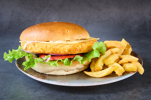 hamburger with french fries on chalkboard background