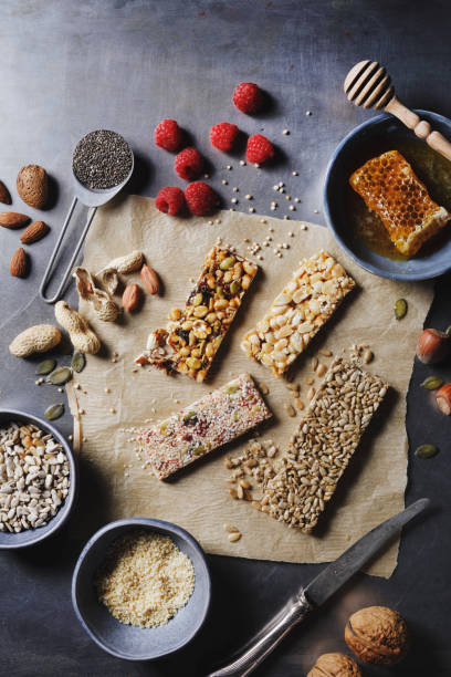 Homemade granola bars with seeds, fruits and honey.