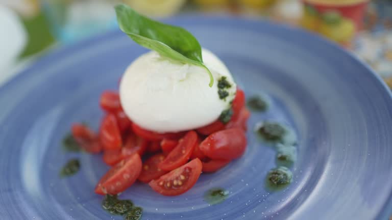 Detail shot of a fancy caprese salad