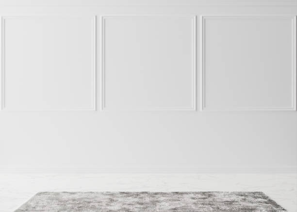 istock Empty room, white wall with moldings and marble floor with carpet. Only wall and floor. Mock up interior. Free, copy space for your furniture, picture and other objects. 3D rendering. 1390464457