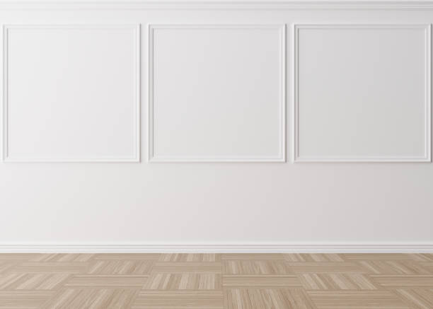 istock Empty room, white wall with moldings and parquet floor. Only wall and floor. Mock up interior. Free, copy space for your furniture, picture and other objects. 3D rendering. 1390464469