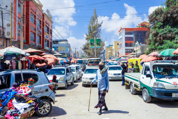 Different Colorful Cars and Local People on the Hargeisa streets stock photo