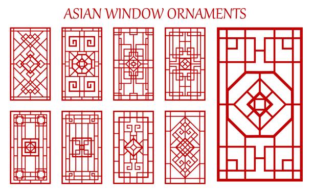Asian window ornaments, Korean, Chinese, Japanese Asian window ornaments, Korean, Chinese and Japanese embellishment, vector window and door red frames. China, Korea or Japan art style design, ancient oriental ornaments for interior and wood decor octagon house stock illustrations