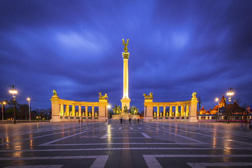 A picture of Heroes Square at the blue time in Budapest
