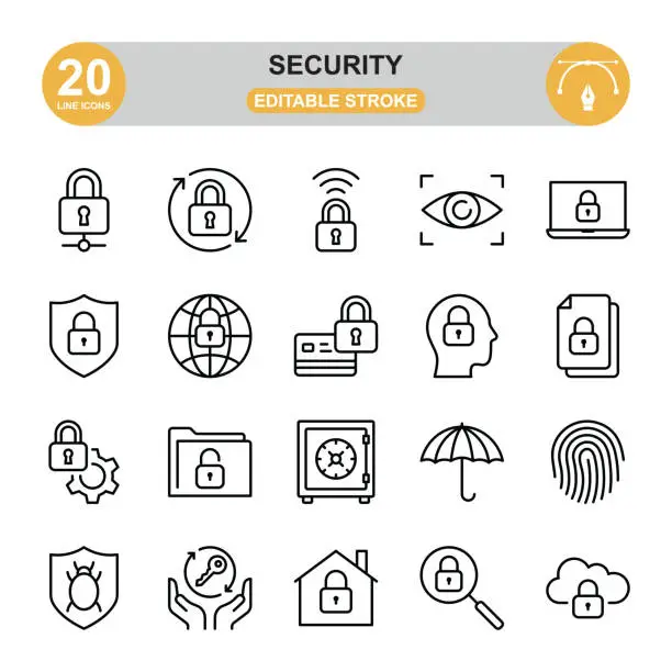 Vector illustration of Security line icon set. Editable stroke. Pixel perfect.