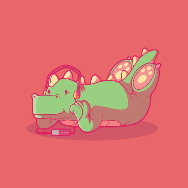 Vector illustration of Cute Dino Character with headphones vector illustration.