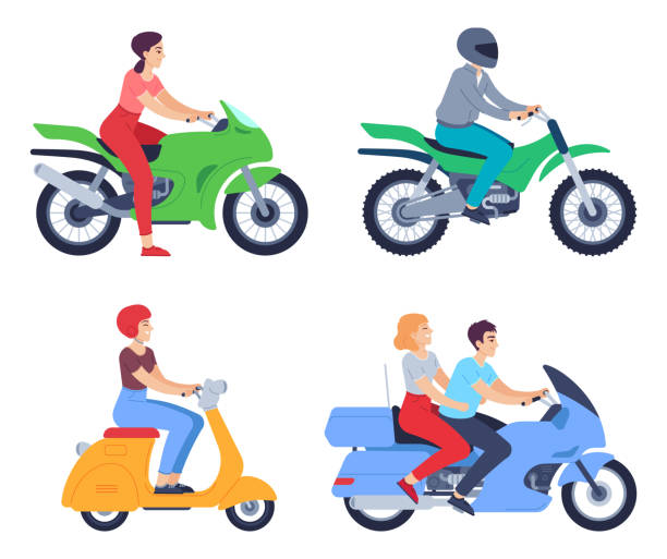 illustrations, cliparts, dessins animés et icônes de motocyclistes. personnes casquées en scooter et moto. personnages féminins et masculins voyageant à moto - motorcycle motor scooter couple young adult