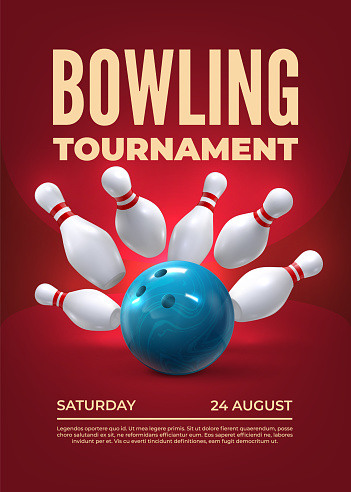 Bowling tournament. Realistic 3D sport tournament elements with skittles and bowling ball. Vector poster template. Bad hitting strike, competition announcement. Entertainment event