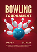 istock Bowling tournament. Realistic 3D sport tournament elements with skittles and bowling ball. Vector poster template 1390474501